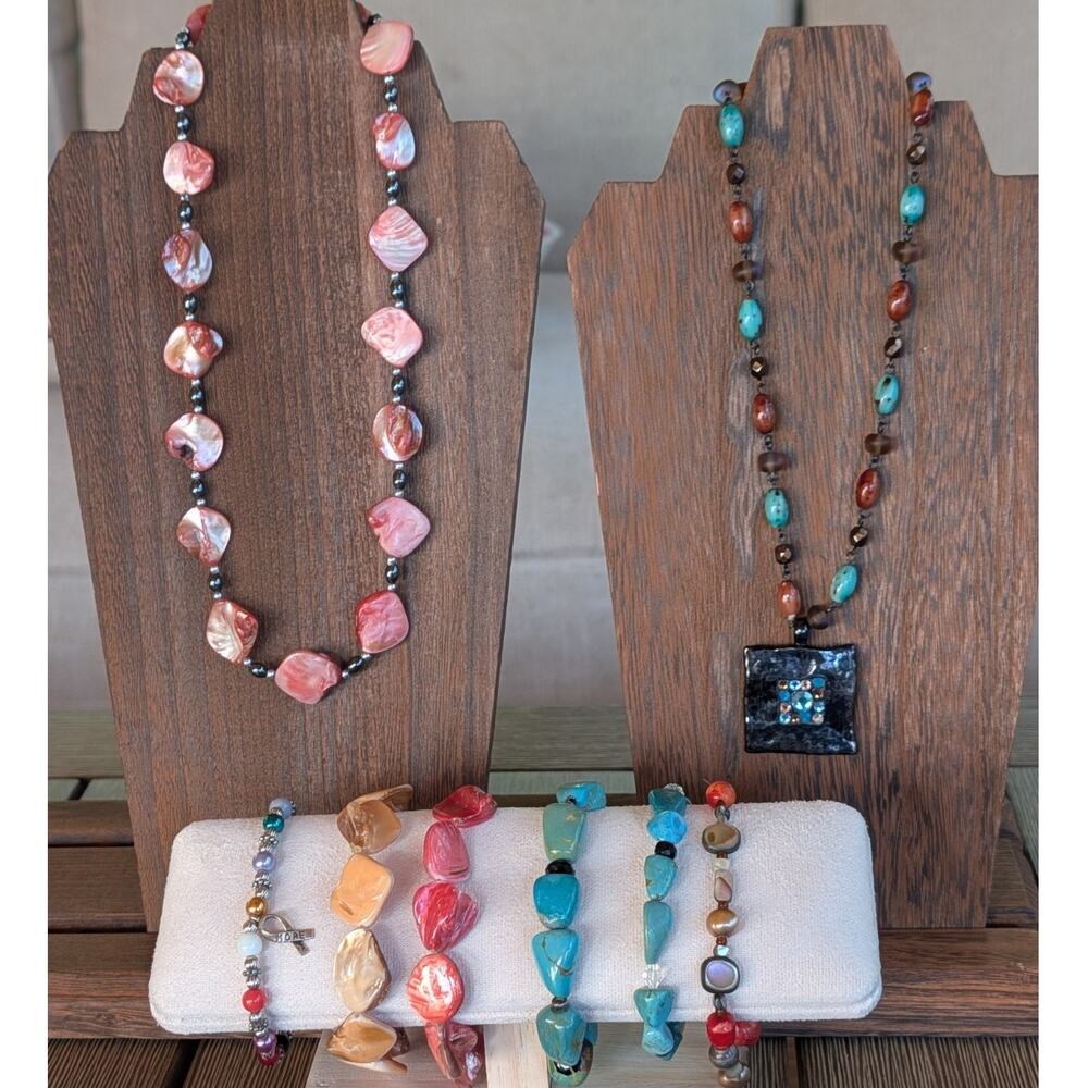 Lot Of Hand Crafted Necklaces Bracelets, Beaded Square Pendant Boho Sade Design